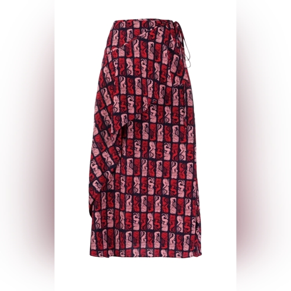 Kenzo Dresses & Skirts - Kenzo Woman's Midnight Blue Mermaid Print Midi Wrap Skirt in Red Size US 6